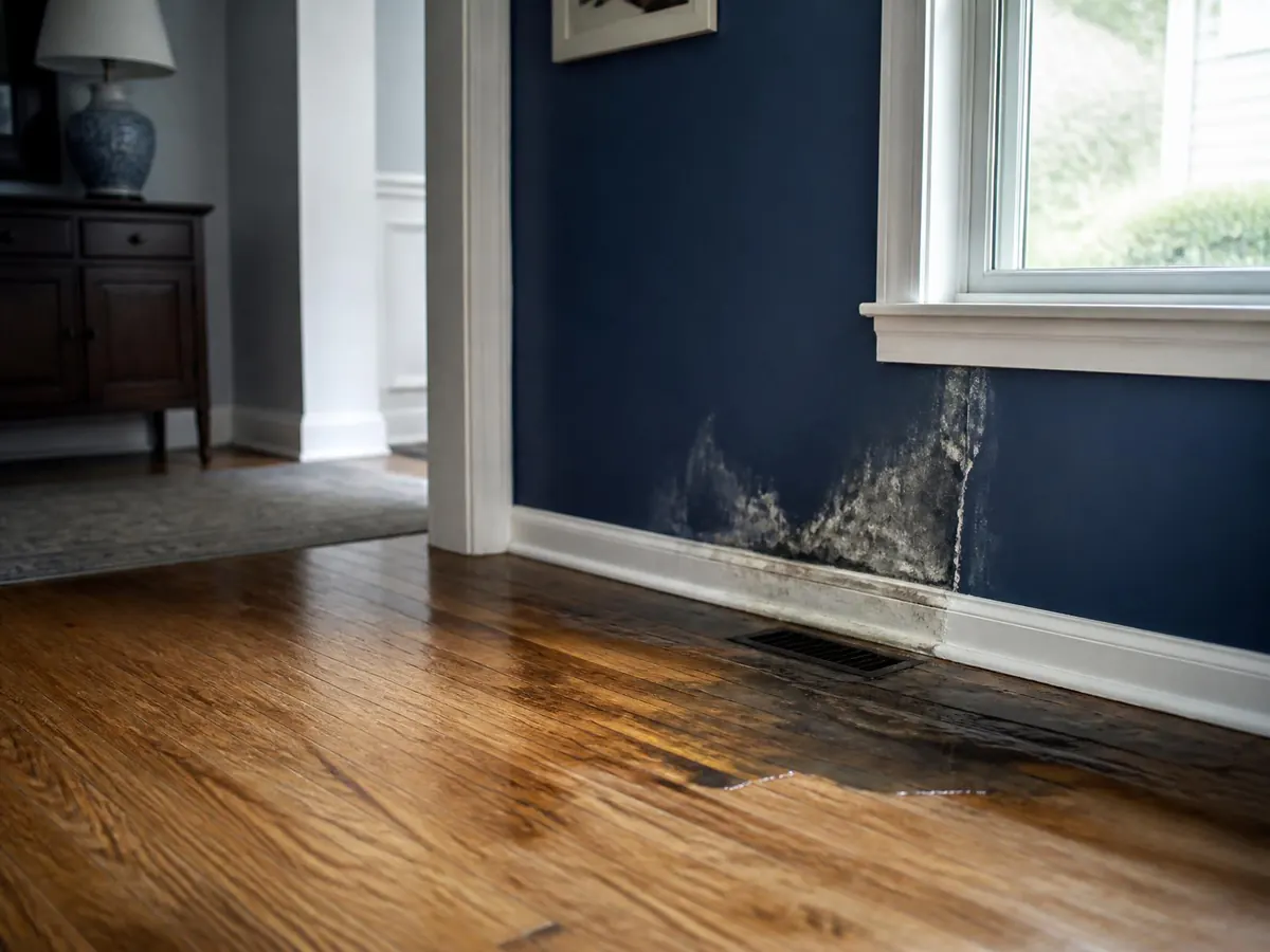 Wet basement floor with water pooling along the wall