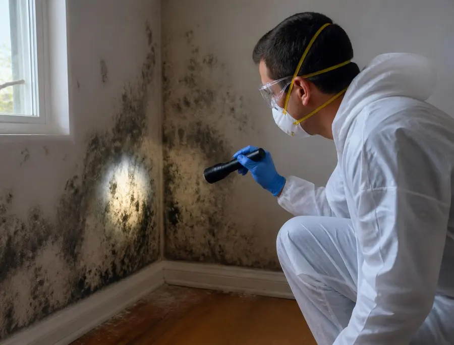 Technician inspecting mold growth on an interior wall surface